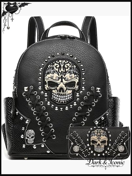 Punk Sugar Skull Rivet Stud Biker Backpack with Wallet Set main image 5